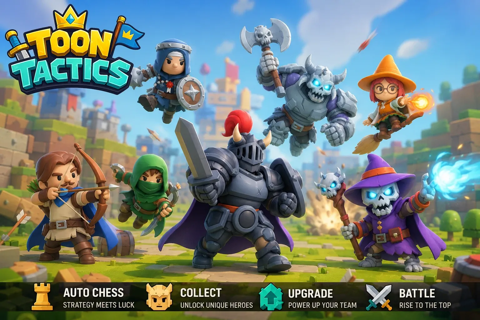 Toon Tactics cover art: a knight, archer, rogue, witch, skeleton mage and stone golem charge across a blocky castle battlefield