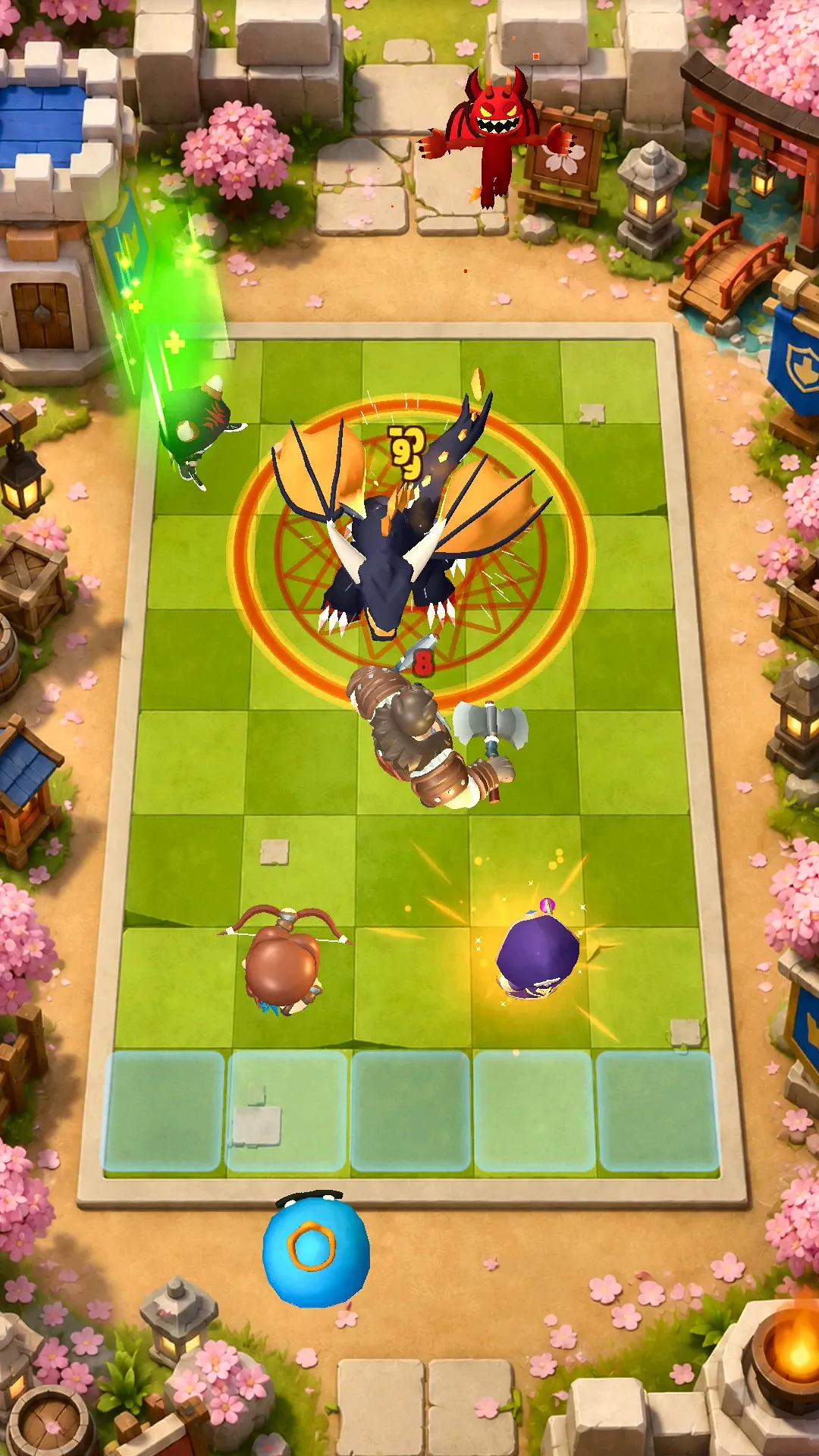 Gameplay: heroes face a dragon boss on a grass battle board surrounded by cherry blossoms
