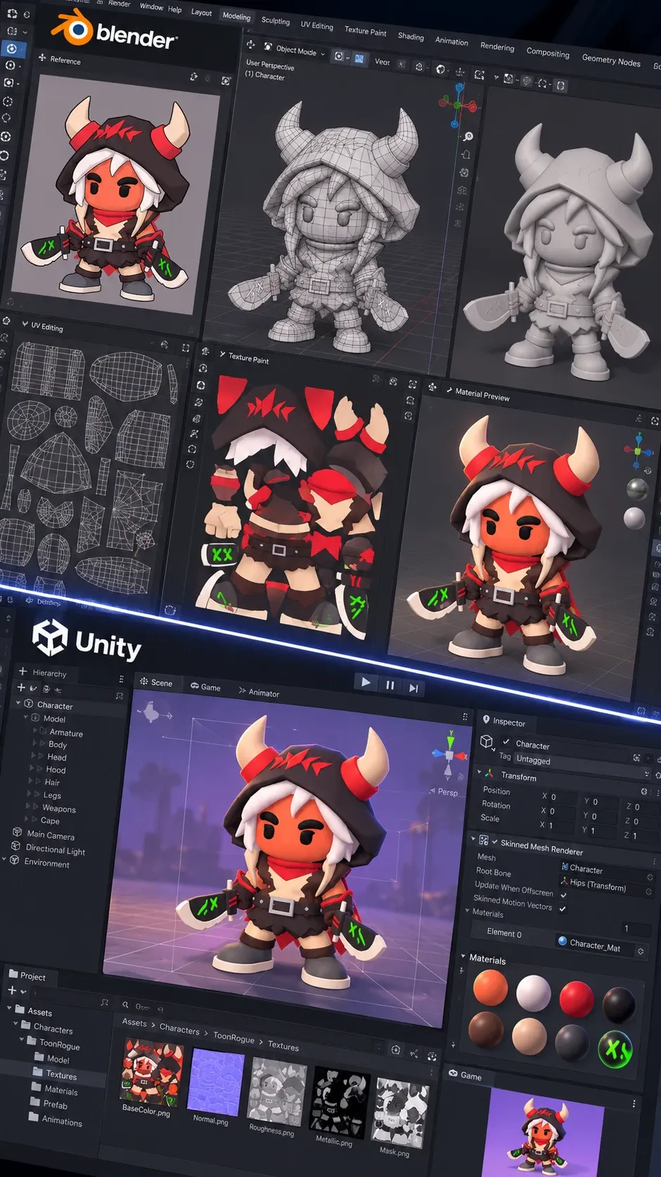 Character pipeline: a horned rogue modelled, UV-unwrapped and textured in Blender, then set up in Unity