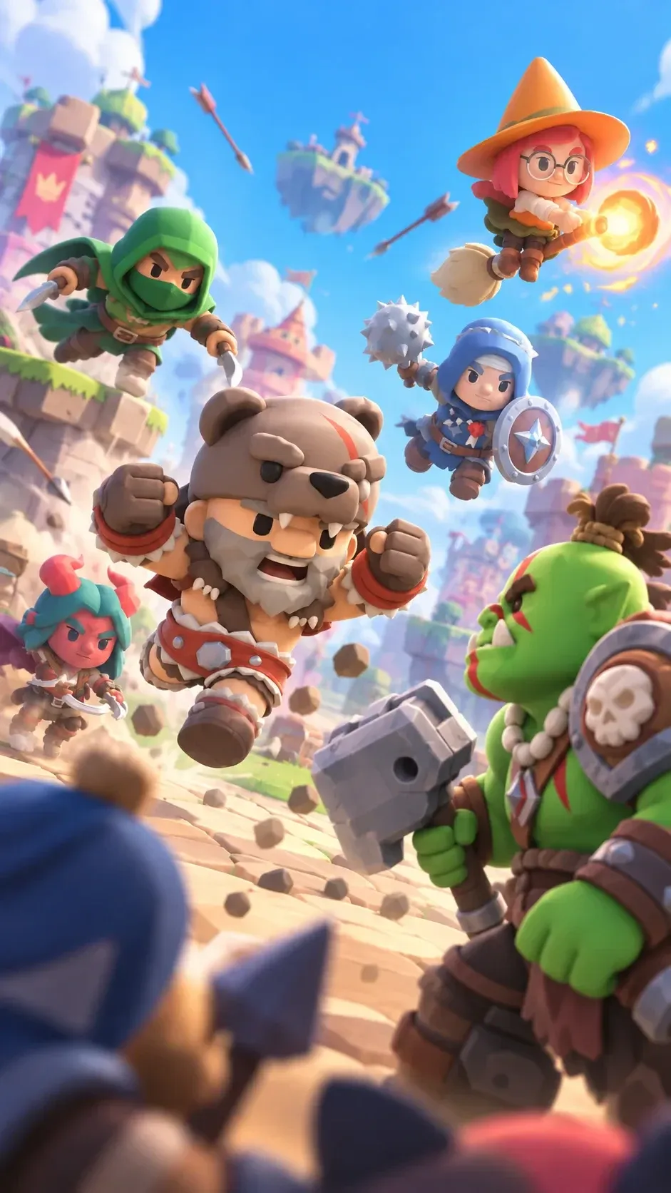 Splash art: a bear-hooded brawler, an orc with a stone hammer and a broom-riding witch charge across a castle battlefield