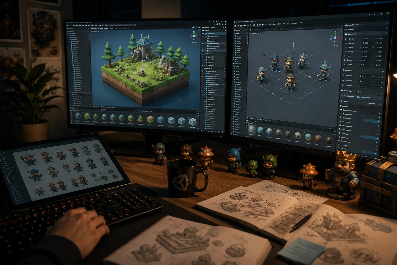 A developer building a stylized island scene in Unity, with toon character figurines and sketchbooks on the desk